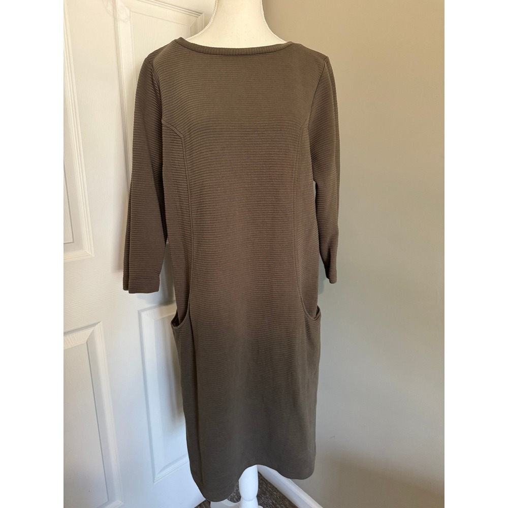 Boden Ribbed Shift Dress Women 16L Taupe 3/4‎ Sleeve Pockets Quiet Luxury Office
